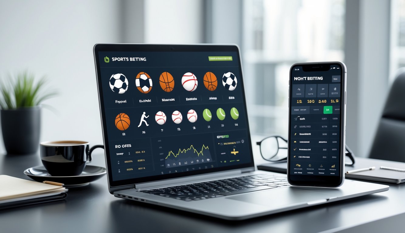 Seorang profesional di meja kerja dengan laptop dan ponsel yang menampilkan aplikasi taruhan olahraga resmi.