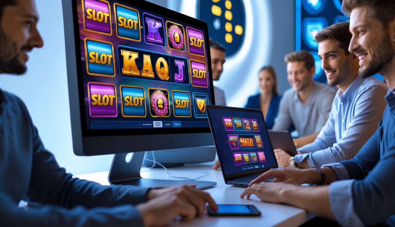 Orang-orang menggunakan komputer dan ponsel untuk bermain mesin slot online di ruang kerja modern yang terang dan aman.