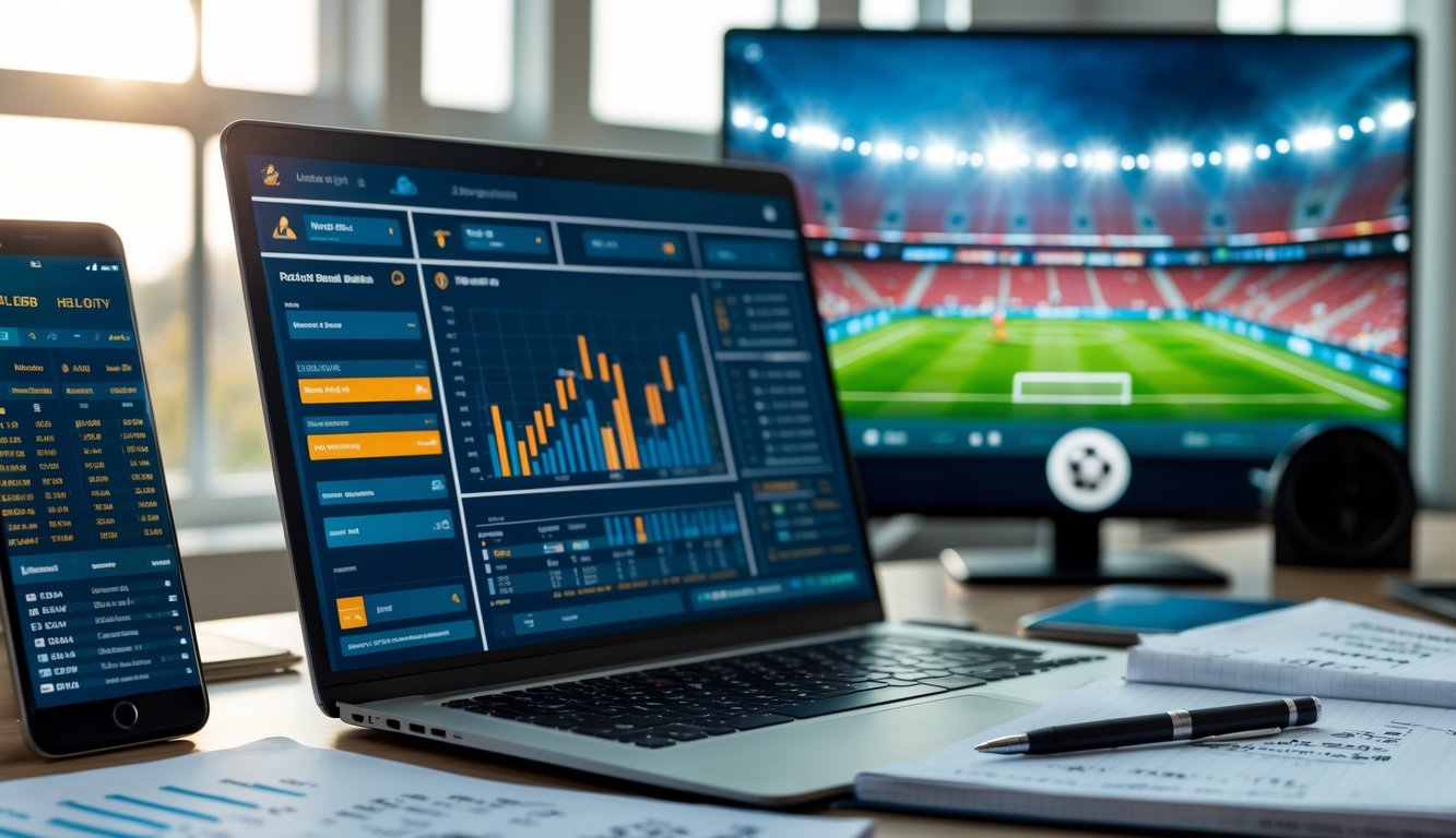 Meja kerja dengan laptop menampilkan statistik sepak bola, kertas data, ponsel dengan pembaruan pertandingan langsung, dan layar digital stadion sepak bola penuh penonton.