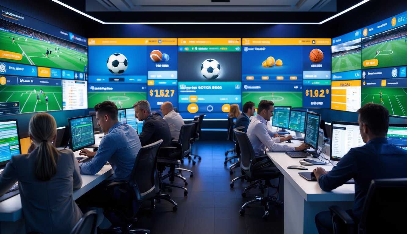 Sejumlah orang sedang menggunakan komputer untuk memasang taruhan olahraga dengan berbagai pertandingan yang ditampilkan di layar.