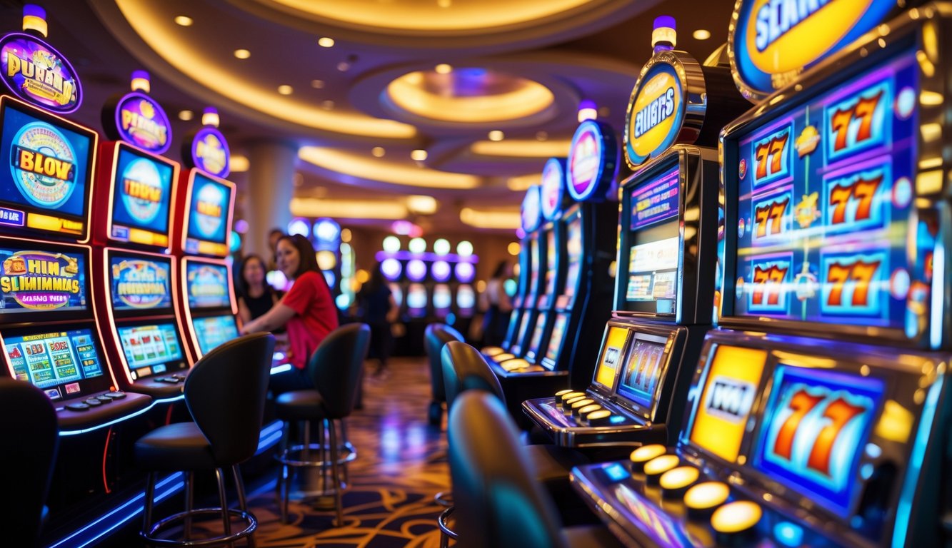 Area mesin slot di kasino modern dengan beberapa pemain yang sedang bermain dan mesin slot berwarna-warni menyala.