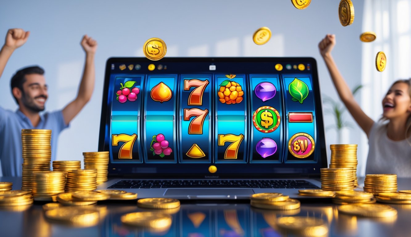 Seseorang yang senang bermain mesin slot online dengan koin emas di sekitar komputer.