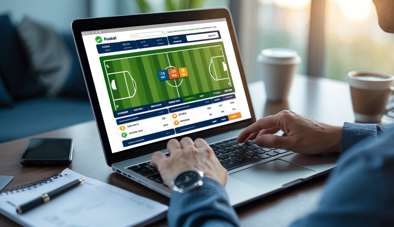 Seseorang menggunakan laptop di meja kerja dengan tampilan situs taruhan sepak bola online yang aman.