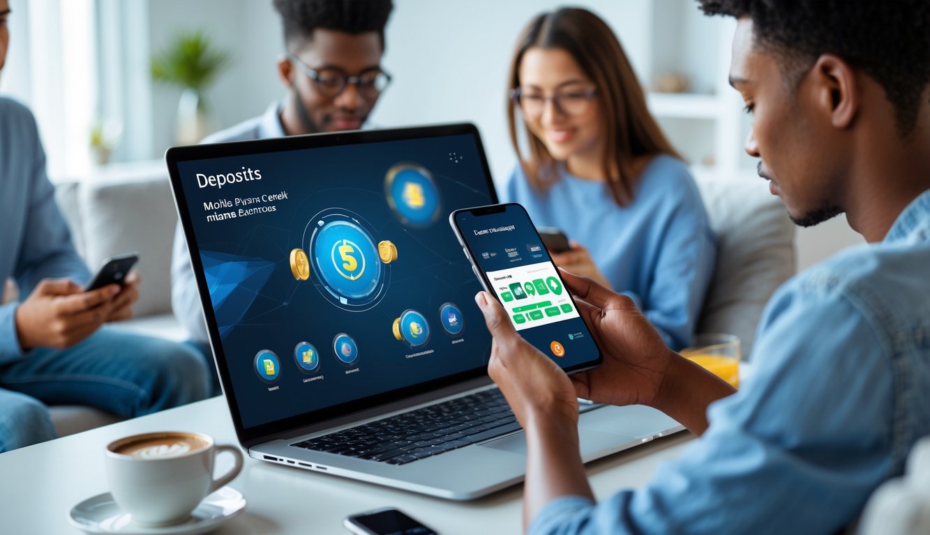 Orang-orang muda menggunakan ponsel dan laptop untuk melakukan transaksi deposit pulsa tanpa potongan di lingkungan yang nyaman.