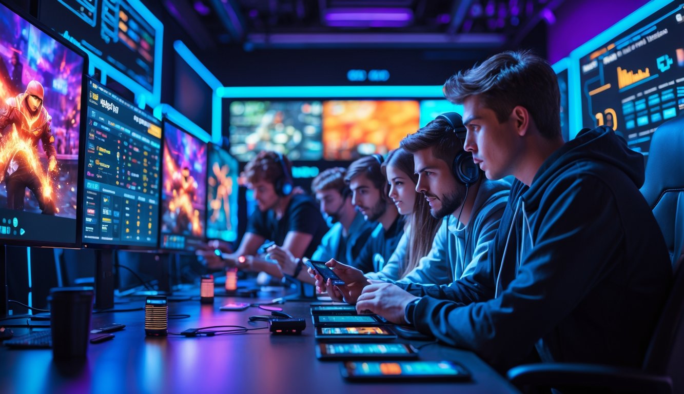 Sekelompok orang muda sedang menggunakan perangkat digital di ruangan dengan layar besar menampilkan permainan esports yang sedang berlangsung.