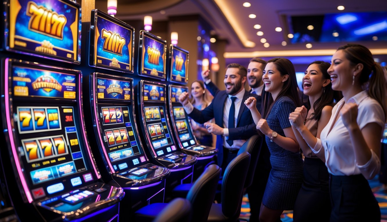 Orang-orang bermain mesin slot yang terang dan modern di dalam kasino dengan ekspresi senang.