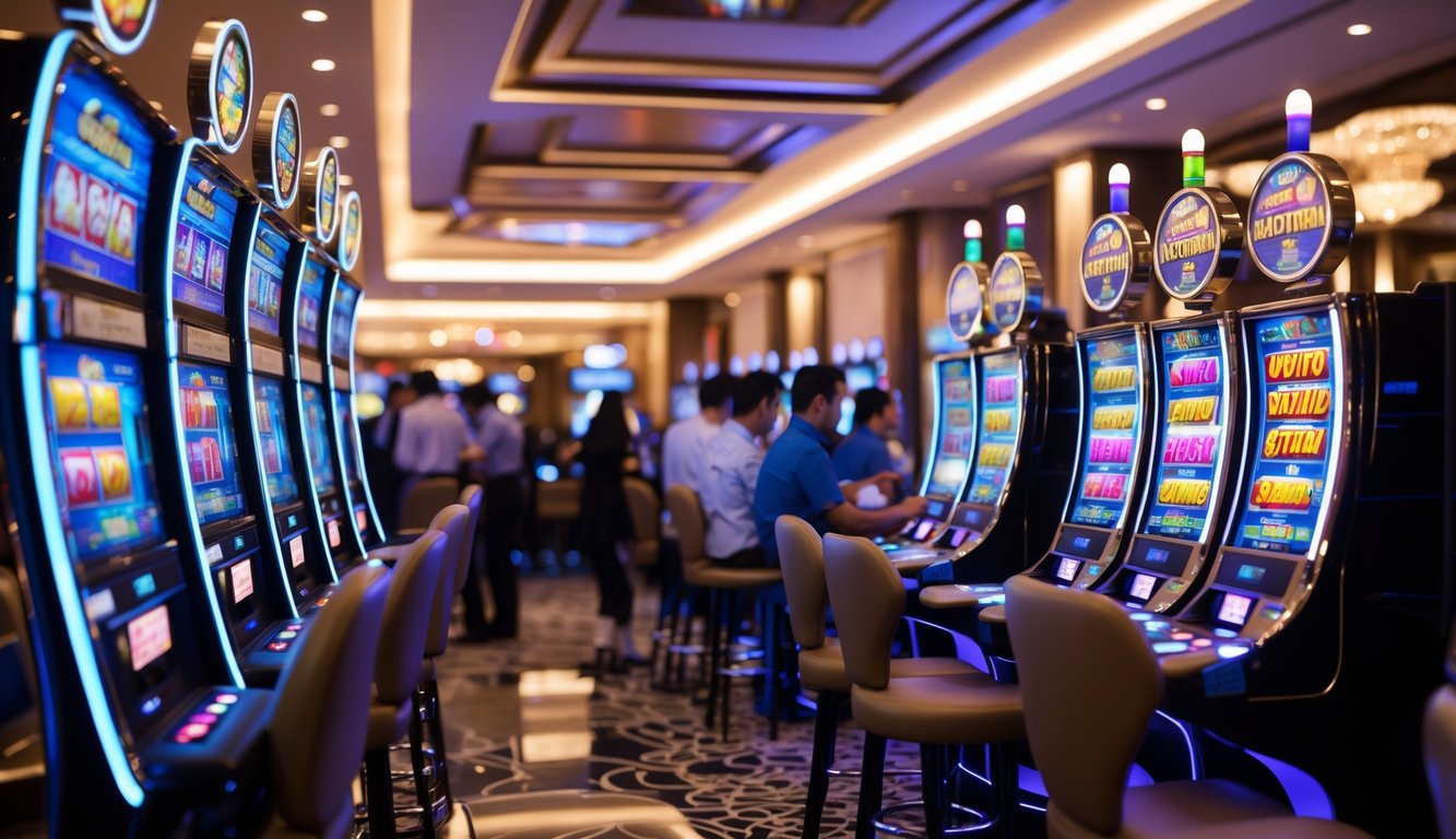 Suasana kasino modern dengan mesin slot berwarna-warni dan orang-orang menikmati permainan.