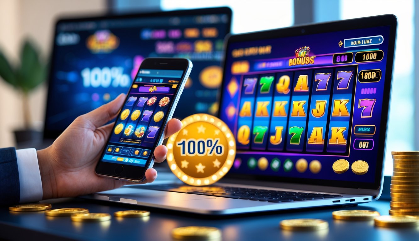 Seseorang menggunakan laptop dan ponsel untuk bermain permainan slot online dengan koin emas dan chip kasino di meja.