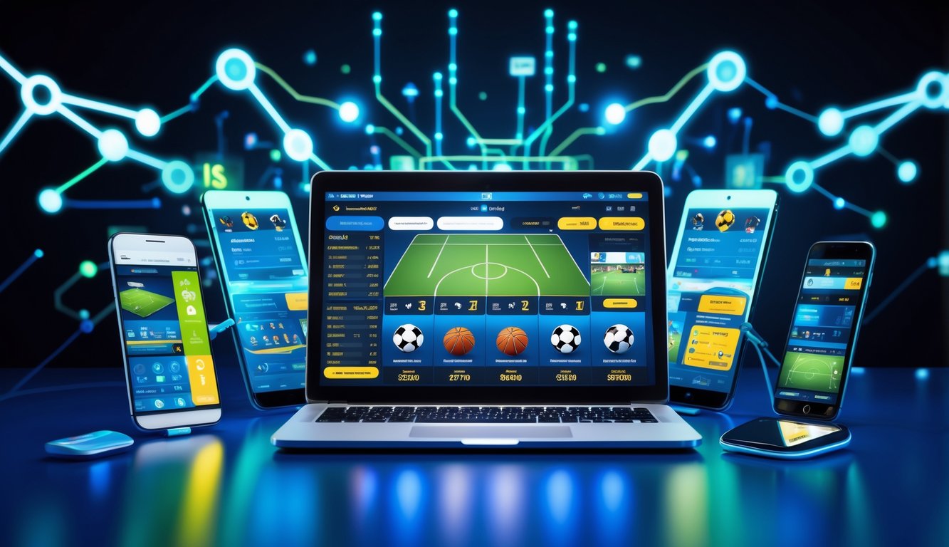 Seorang pengguna di depan laptop dengan beberapa perangkat digital menampilkan grafik olahraga dan simbol koneksi digital di latar belakang.