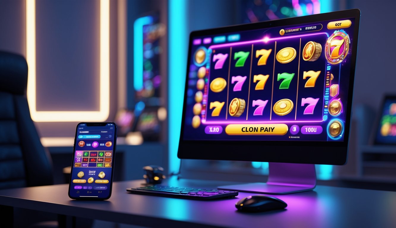 Sebuah layar komputer dan ponsel menampilkan permainan slot online dengan simbol warna-warni di meja yang rapi dan pencahayaan lembut.