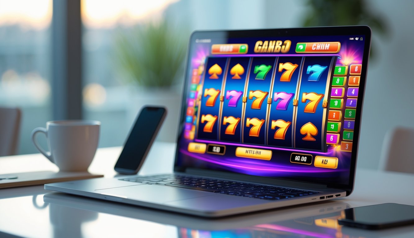 Seseorang menggunakan laptop dengan permainan slot online berwarna-warni di layar di atas meja kerja yang rapi.