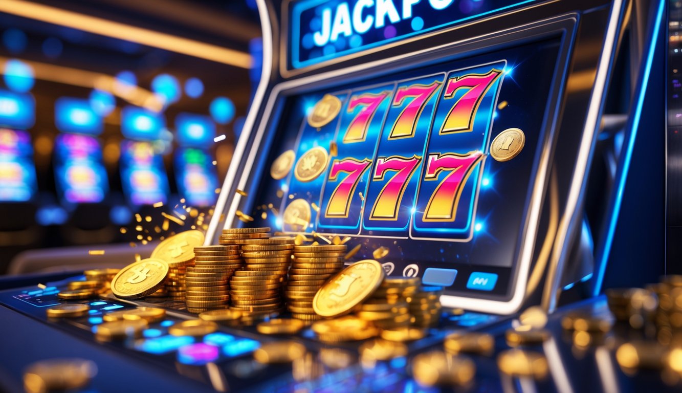 Mesin slot modern dengan koin emas berjatuhan dan cahaya berkilauan menandakan kemenangan jackpot besar.