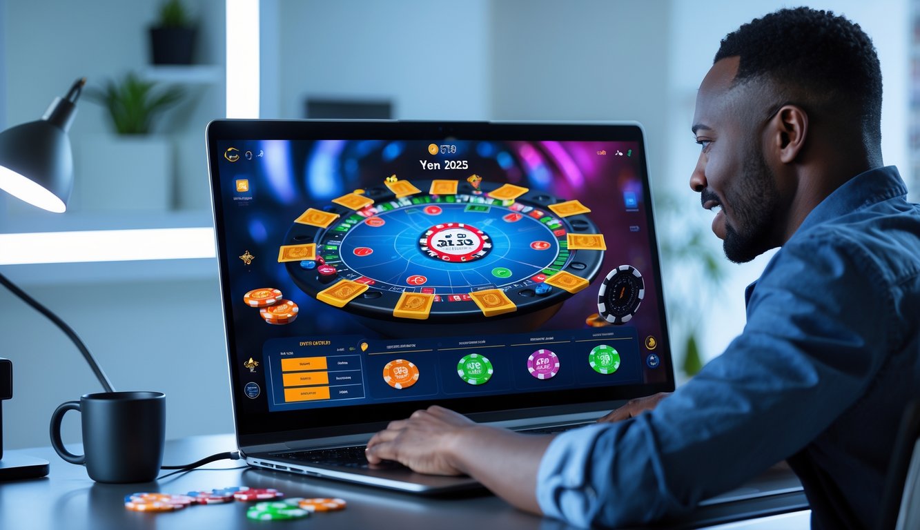 Seorang pemain dewasa sedang bermain poker online di komputer dengan tumpukan chip dan kartu di layar, di dalam ruangan modern yang terang.