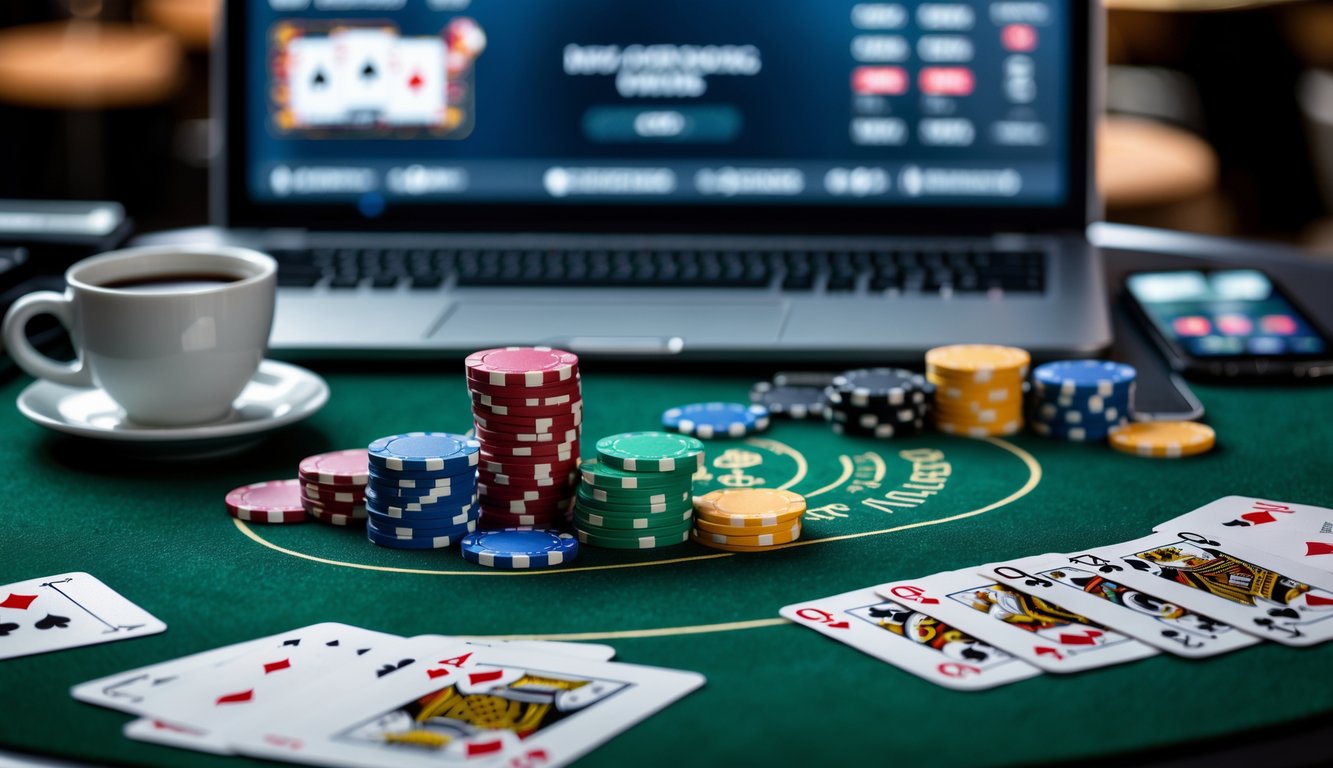 Meja poker dengan chip warna-warni dan kartu bermain, di latar belakang terlihat layar perangkat yang menampilkan permainan poker online.