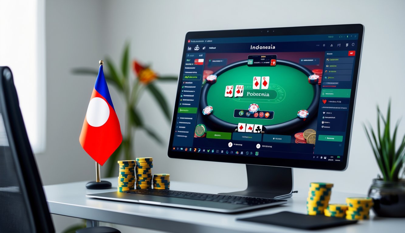Seorang pemain poker online menggunakan komputer dengan latar belakang dekorasi Indonesia.