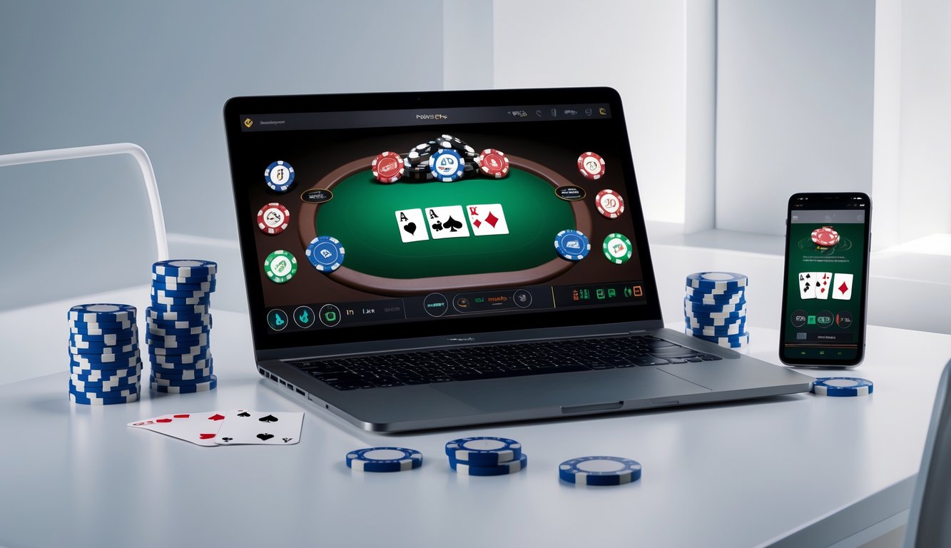 Meja kerja dengan laptop menampilkan permainan poker online, tumpukan chip poker, kartu bermain, dan ponsel dengan aplikasi poker.