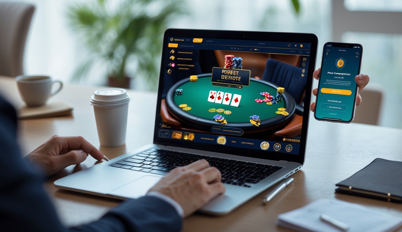Seorang pemain poker online menggunakan laptop dan ponsel untuk melakukan deposit tanpa potongan di meja kerja yang rapi.