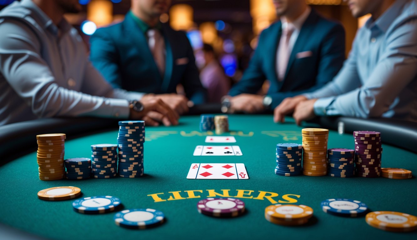 Meja poker dengan tumpukan chip dan kartu bermain, pemain fokus di latar belakang.