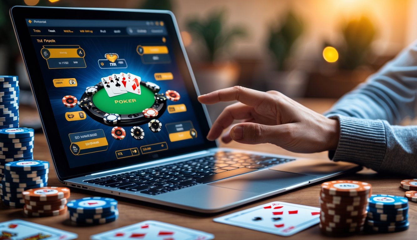 Seseorang bermain poker online dengan laptop dan tumpukan chip poker di meja.