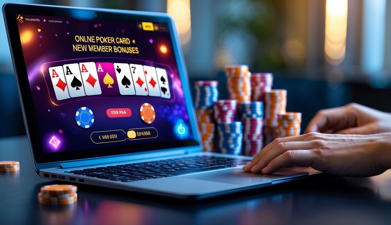 Seorang pemain sedang menggunakan laptop untuk bermain poker online dengan kartu dan chip poker di meja.