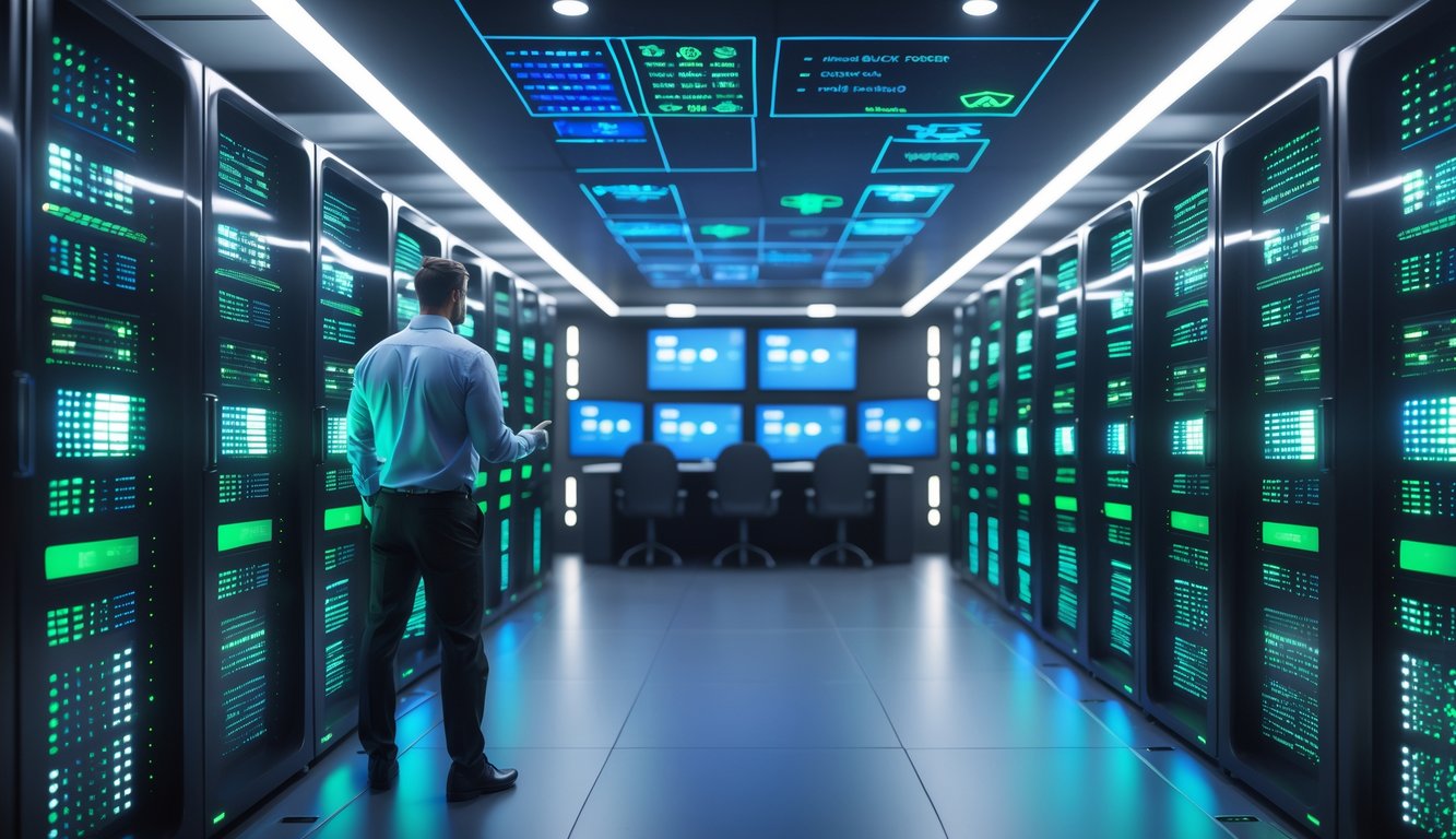 Seorang teknisi IT memantau layar komputer di ruang server modern dengan rak server berlampu LED yang menyala.