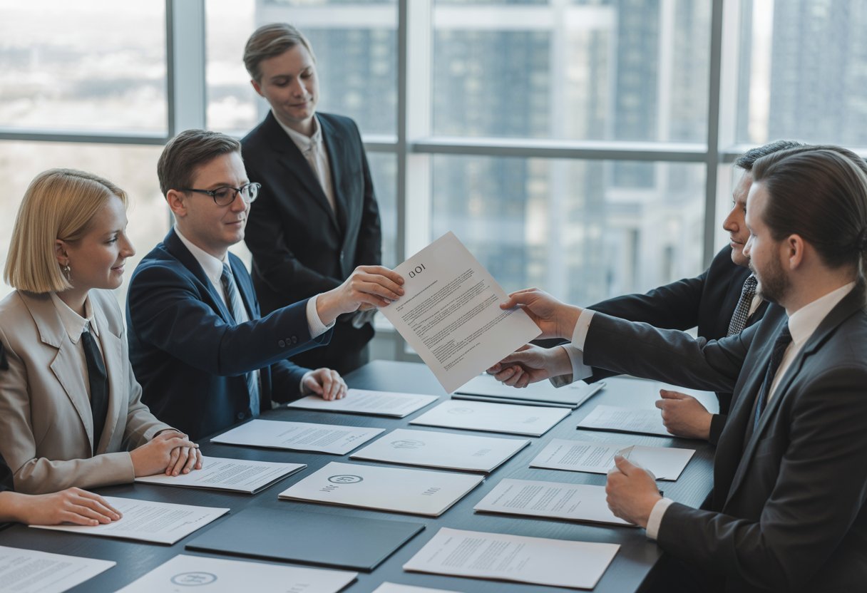 Een groep professionals zit aan een vergadertafel en bespreekt documenten in een moderne kantoorruimte.