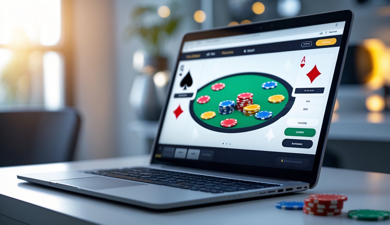 Sebuah komputer modern menampilkan permainan poker online dengan chip dan kartu di layar, di atas meja yang rapi dengan latar belakang samar yang menunjukkan suasana aman dan terpercaya.