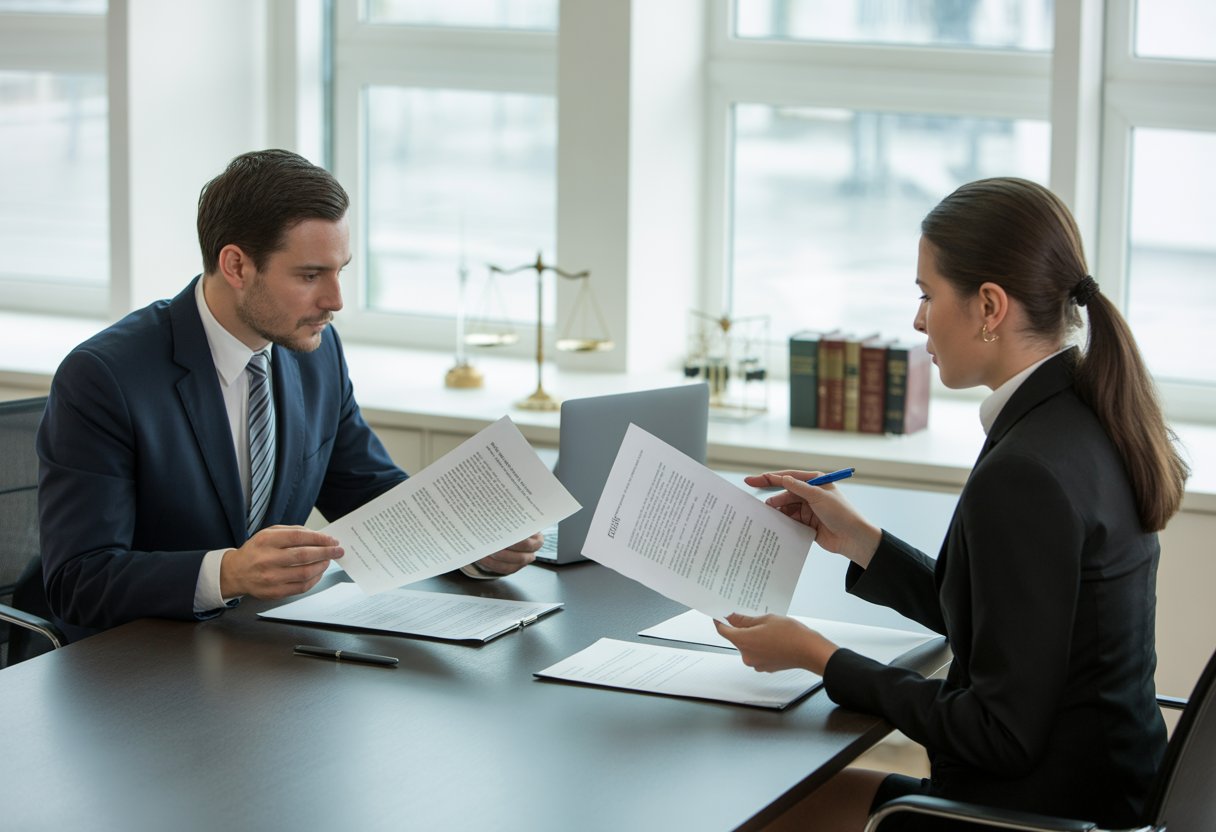 Twee zakelijke professionals bespreken documenten aan een vergadertafel in een moderne kantoorruimte.