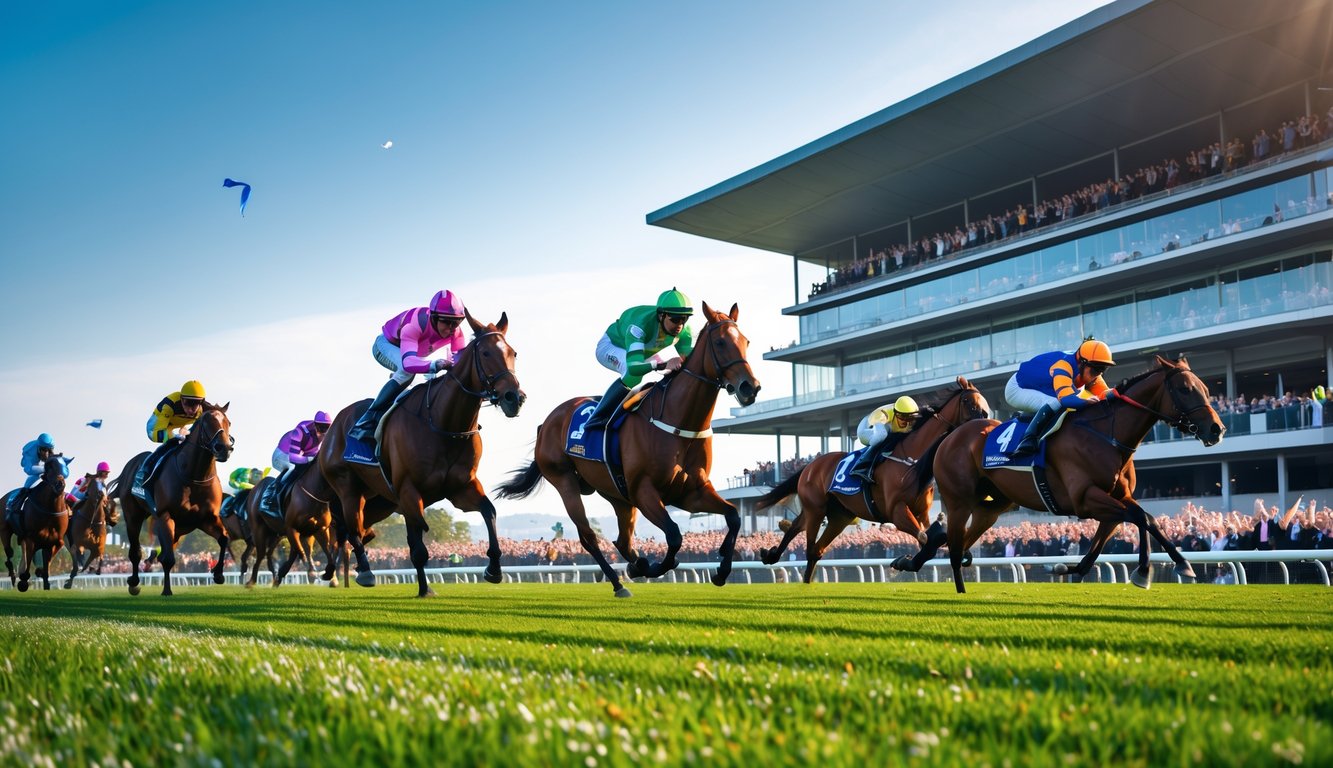 Balapan kuda sedang berlangsung di lintasan hijau dengan joki mengenakan pakaian warna-warni dan penonton di tribun modern.