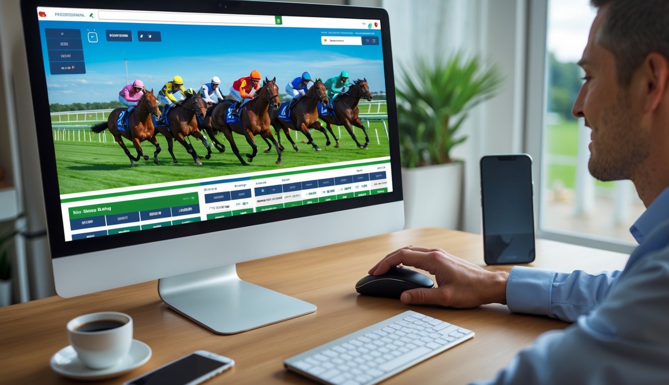 Seseorang menggunakan komputer untuk memasang taruhan pacuan kuda online di meja kerja dengan layar menampilkan balapan kuda.