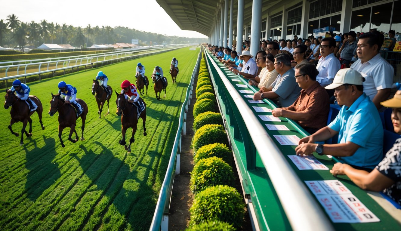 Lomba pacuan kuda di Indonesia dengan joki menunggang kuda dan penonton menyaksikan dari tribun.
