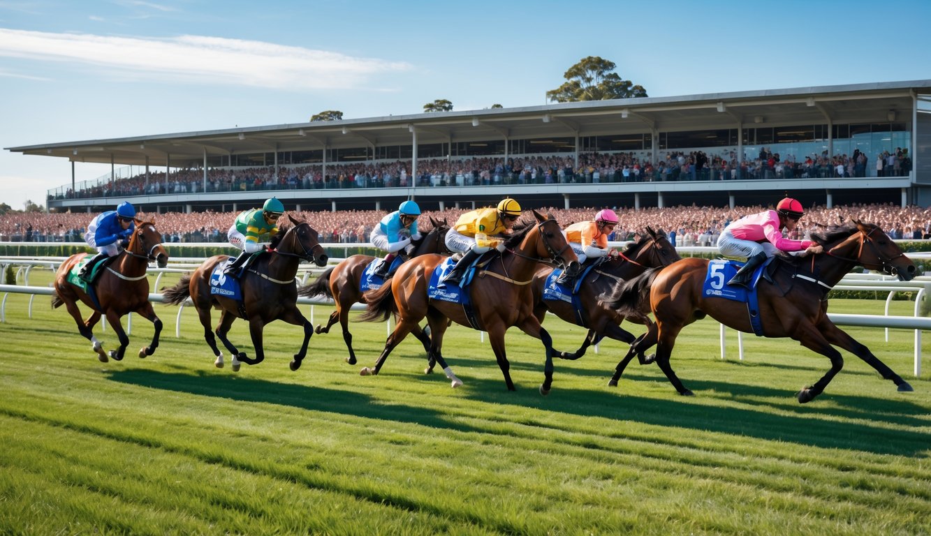 Lomba pacuan kuda dengan joki mengendarai kuda yang berlari cepat di lintasan, dikelilingi oleh penonton yang antusias.