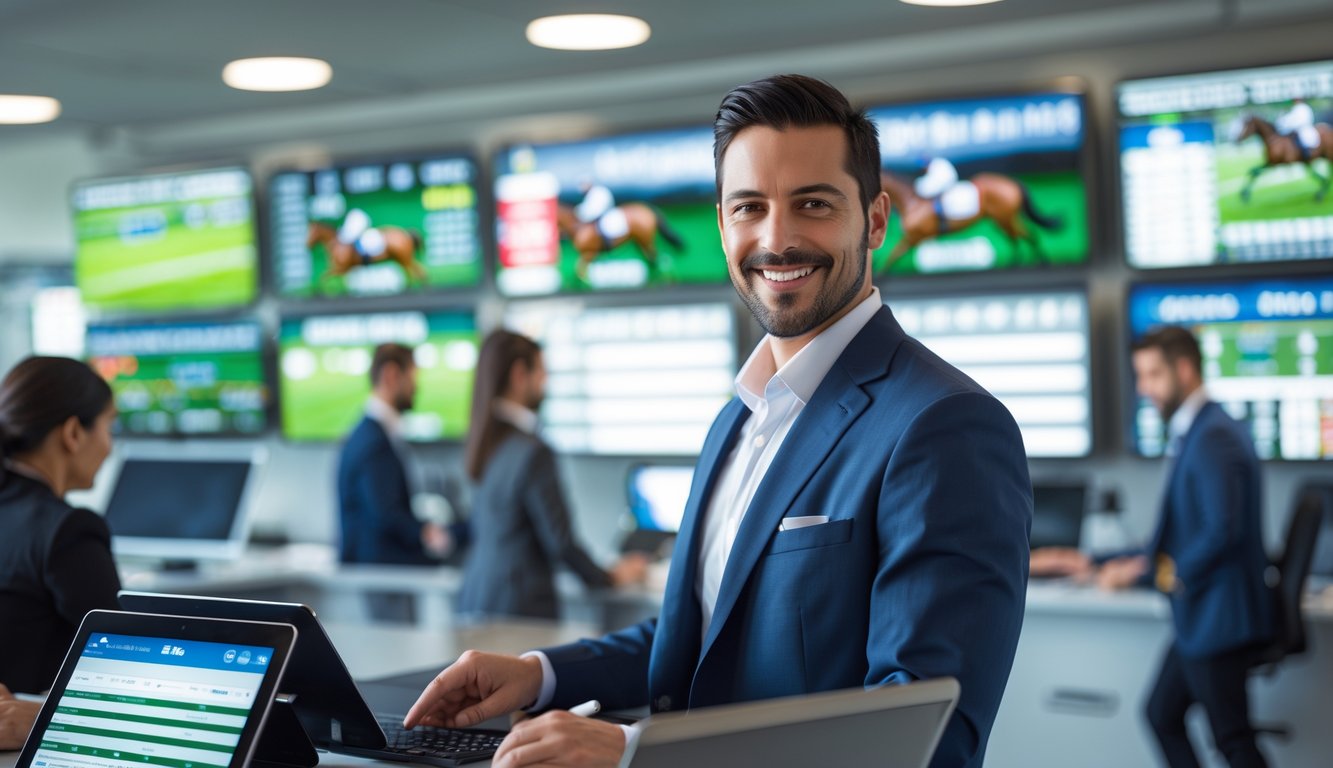 Seorang agen taruhan pacuan kuda yang percaya diri membantu pelanggan di kantor taruhan modern dengan layar besar menampilkan balapan kuda.