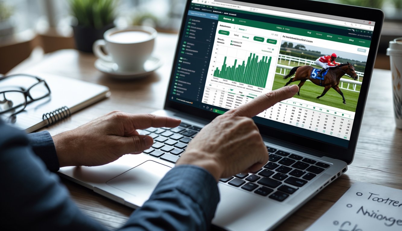 Seseorang menggunakan laptop dan ponsel untuk menganalisis dan memprediksi hasil pacuan kuda secara online.