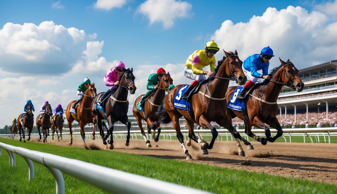 Beberapa kuda pacuan sedang berlari kencang di lintasan dengan joki mengenakan pakaian warna-warni, dikelilingi oleh penonton di tribun dan langit cerah di latar belakang.
