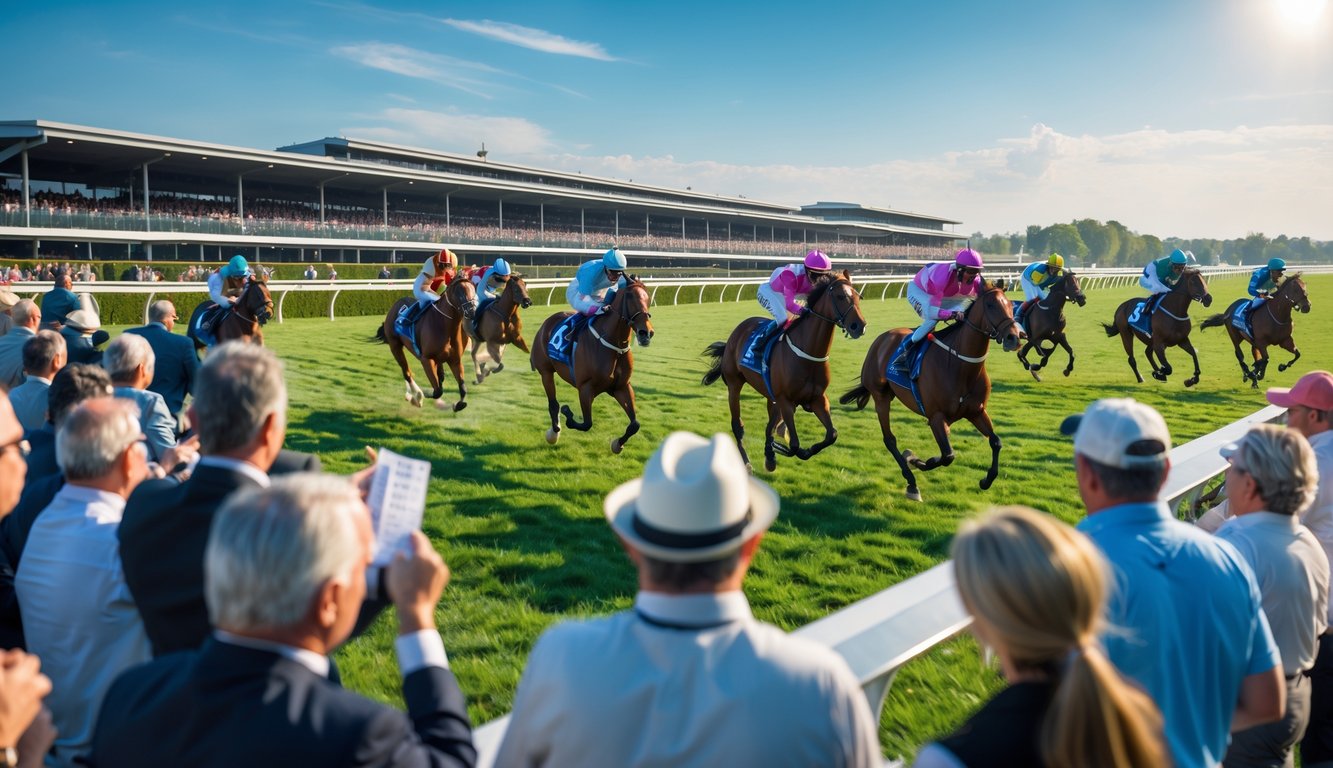 Balapan kuda sedang berlangsung dengan para penonton yang antusias menyaksikan dan memasang taruhan di arena balap.