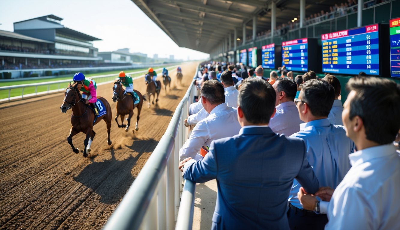 Orang-orang menonton dan memasang taruhan pada balapan kuda internasional di arena pacuan kuda yang ramai.