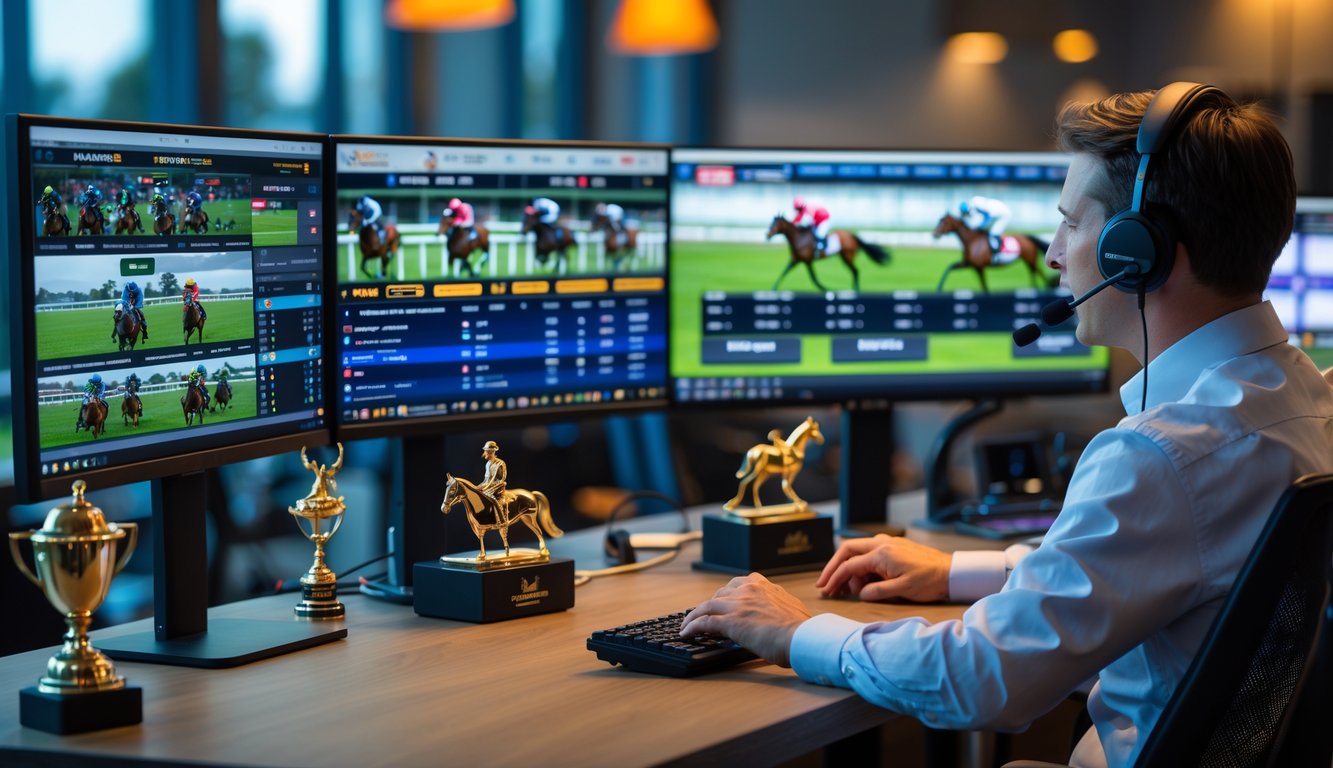 Seseorang sedang melakukan siaran langsung pacuan kuda online dengan beberapa monitor yang menampilkan balapan kuda dan perangkat streaming di meja kerja.