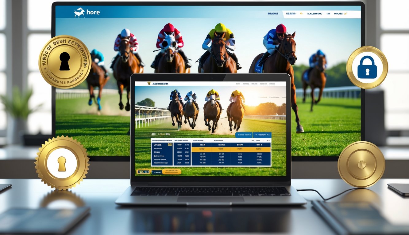 Sebuah ruang kerja modern dengan laptop yang menampilkan situs taruhan balap kuda online, layar besar menampilkan balapan kuda yang sedang berlangsung.