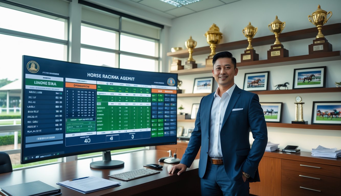 Seorang pria Indonesia berdiri di kantor agen balap kuda resmi dengan layar digital menampilkan statistik balapan dan trofi di latar belakang.