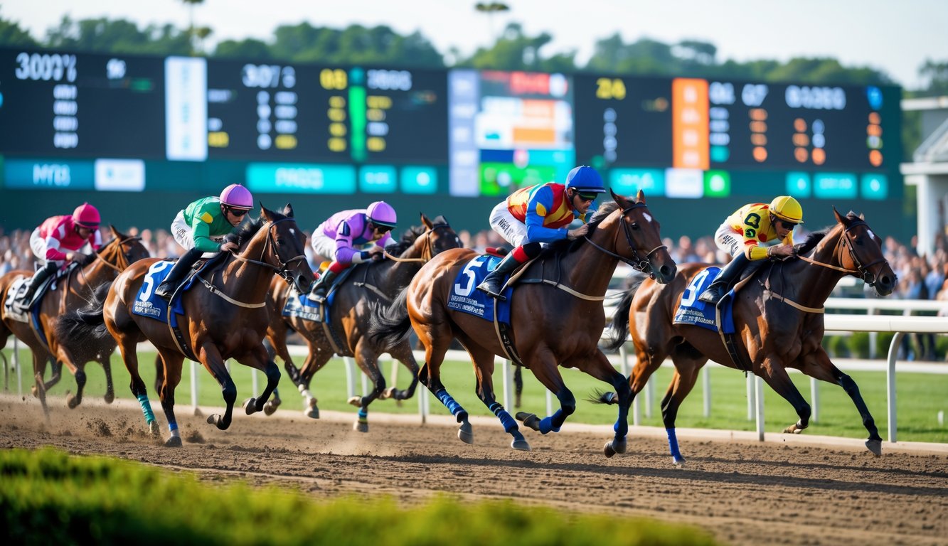 Beberapa kuda pacuan sedang berlari cepat di lintasan dengan joki mengenakan pakaian warna-warni, dikelilingi oleh penonton yang menonton perlombaan.
