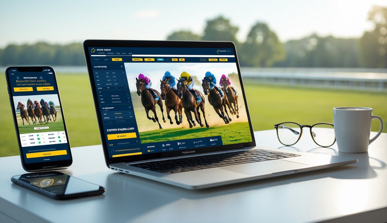 Seorang pengguna melihat layar laptop yang menampilkan situs taruhan balap kuda online dengan latar belakang lintasan pacuan kuda.