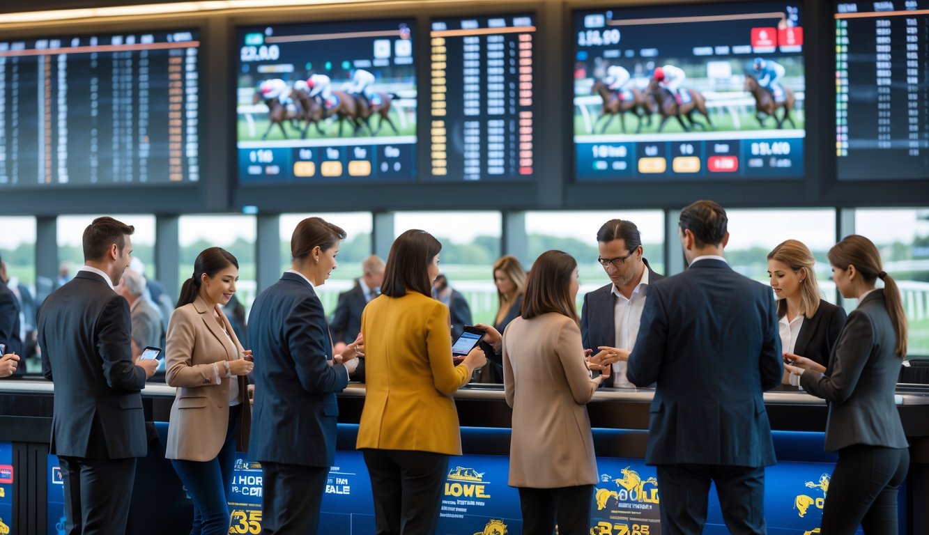 Orang-orang berkumpul di tempat taruhan balap kuda dengan papan taruhan digital dan layar besar yang menampilkan balapan kuda.