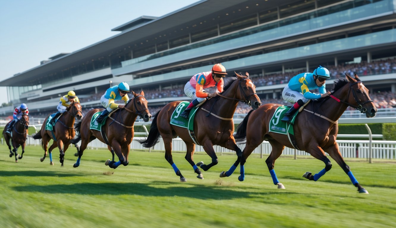 Beberapa kuda pacuan berlari cepat di lintasan balap dengan joki mengenakan pakaian balap berwarna-warni, di depan tribun penonton yang ramai.