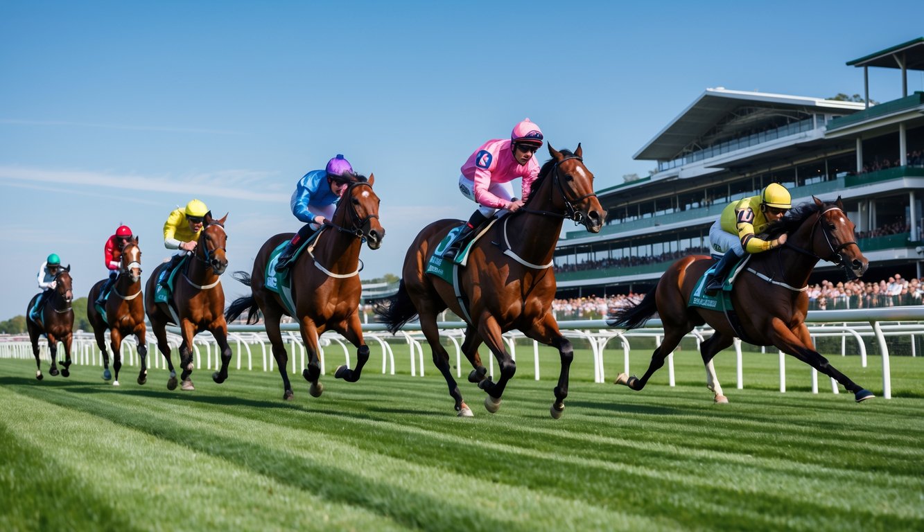Beberapa kuda pacuan dengan joki sedang berlari kencang di lintasan balap dengan penonton di latar belakang.