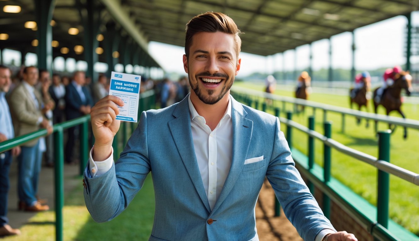 Seorang anggota baru yang bahagia memegang tiket kemenangan di dekat arena balap kuda dengan kuda-kuda yang sedang berlomba di latar belakang.