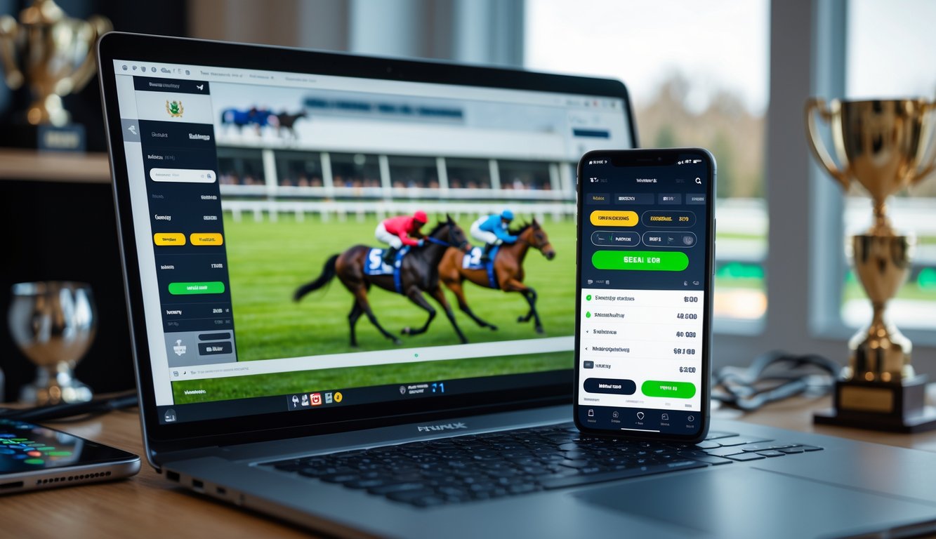 Seseorang menggunakan laptop dan ponsel untuk memasang taruhan balap kuda secara online di ruang kerja modern.