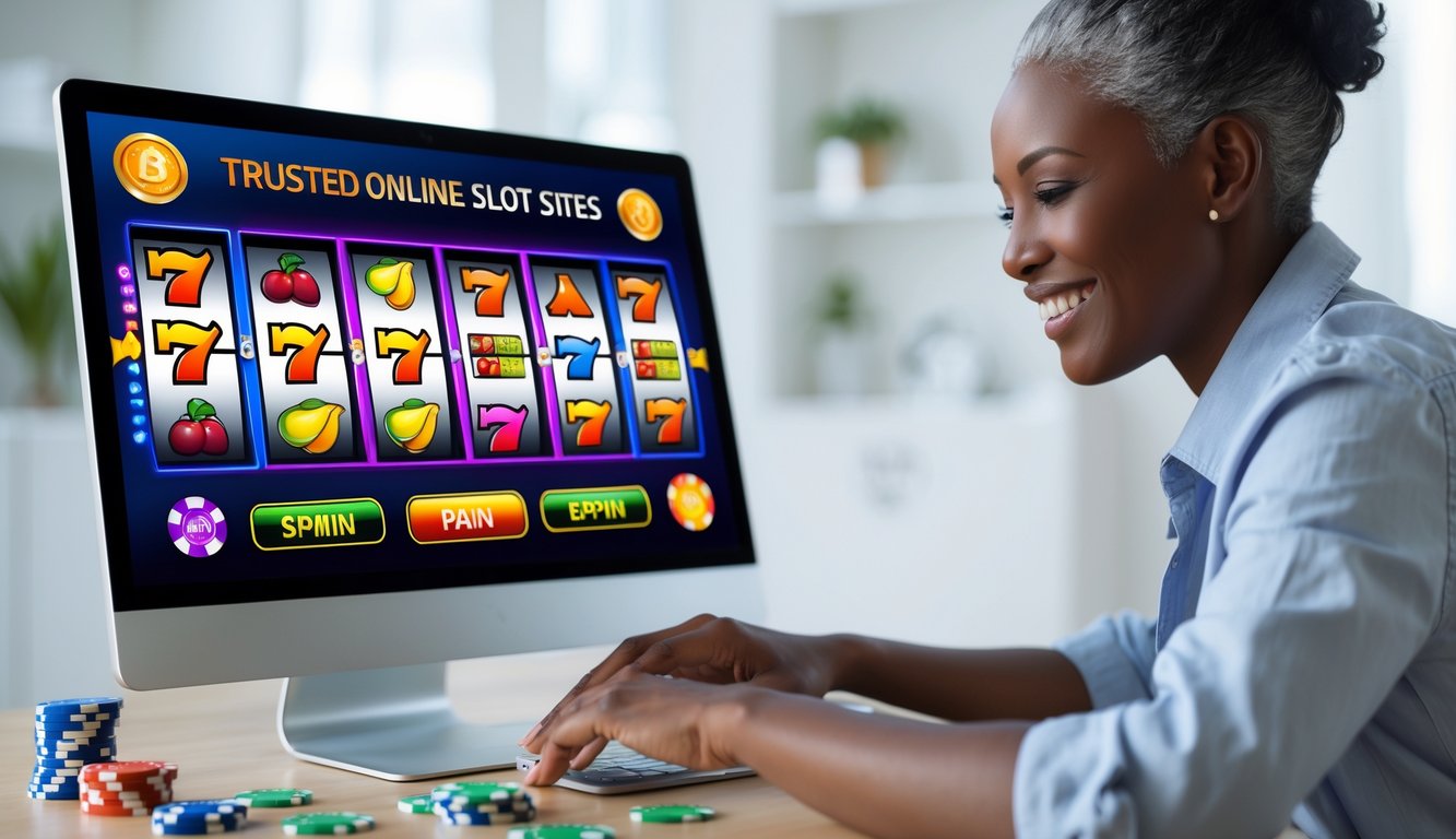 Seseorang menggunakan laptop dengan tampilan mesin slot berwarna-warni di layar dalam ruangan yang rapi dan terang.