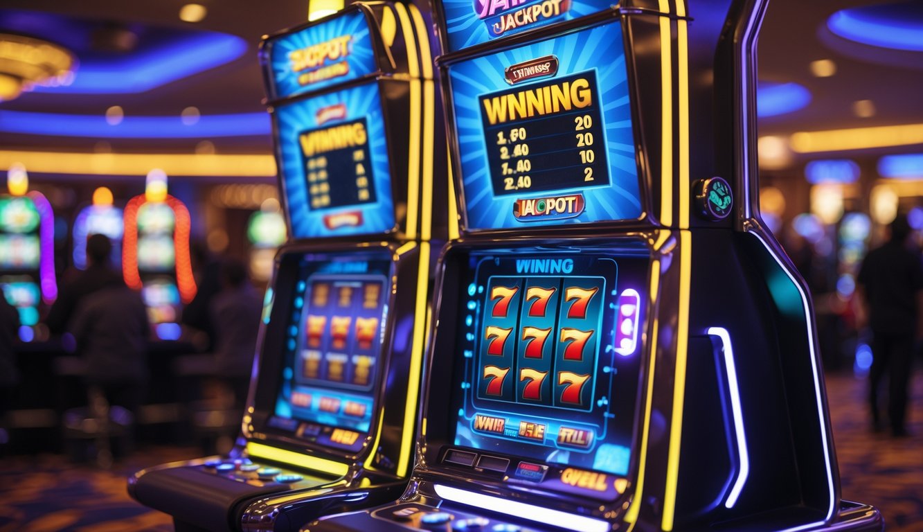 Mesin slot modern dengan lampu warna-warni di dalam kasino yang ramai.