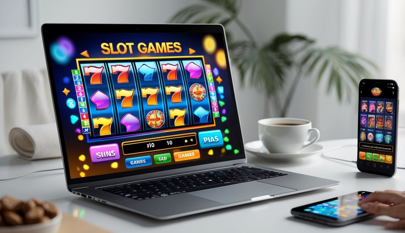 Seorang pengguna sedang bermain slot online di laptop dengan suasana nyaman dan perangkat pendukung di meja kerja.